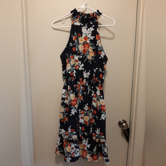 Navy halter dress, floral pattern. - Picture 1 of 5